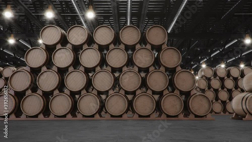 Barrels of wine, whiskey, bourbon liqueur or cognac in the basement. Aging of alcohol in oak barrels in warehouse. Wine, beer, whiskey casks stacked in a cellar. Loopable seamless 4K 3D animation