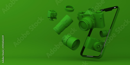 Online Shopping camera, Mobile Application, 3d rendering.