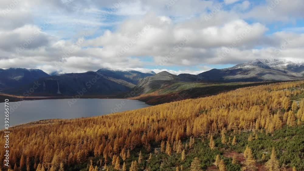 Russia, Kolyma. Lake Jack London. Autumn landscape. Forest tundra. Russia, Kolyma. Lake Jack London. Autumn landscape. Forest tundra.