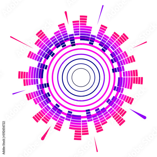Color geometric circular neon equalizer. Eq round audio soundwaves. Vector illustration isolated on white background.