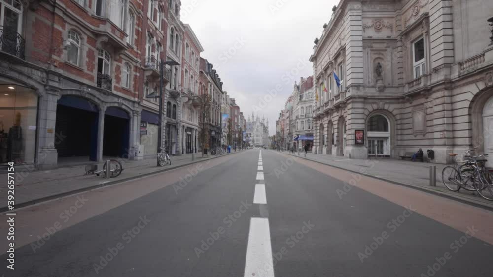 Empty shopping street Bondgenotenlaan in Leuven, Belgium. Shops closed due to COVID-19 pandemic Empty shopping street Bondgenotenlaan in Leuven, Belgium. Shops closed due to COVID-19 pandemic
