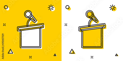 Black Stage stand or debate podium rostrum icon isolated on yellow and white background. Conference speech tribune. Random dynamic shapes. Vector.