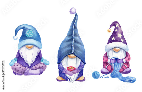 Watercolor cute christmas gnomes. Christmas gnome with cup of tee, knitting gnome, yoga gnome. Nice christmas gnomes for your design.