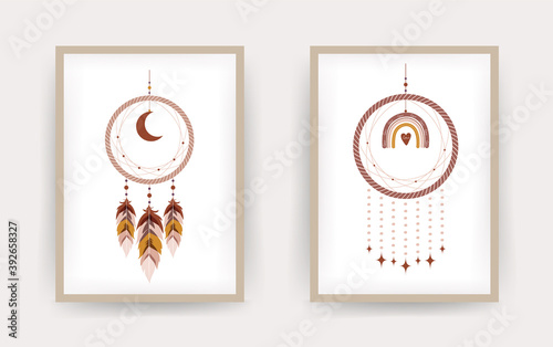 Dream catcher with boho rainbow and moon. Hand drawn indian talisman. Ethnic bohemian design element. Vector hipster illustration isolated on white background. Flat style.