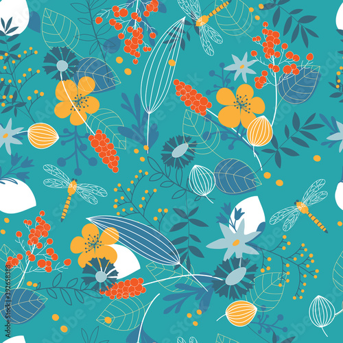 Seamless pattern in the form of decorative herbs and flowers and sea buckthorn berries. Vector illustration in a flat style.
