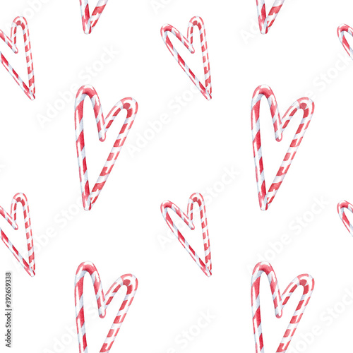Hand drawn watercolor seamless pattern. Sweet, candy, lollipop, caramel, bonbon. Christmas texture on white background.