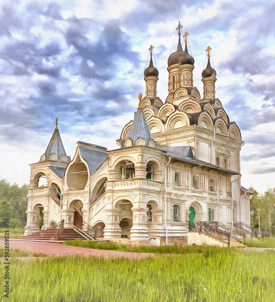 Beautiful russian ancient cathedral colorful painting looks like picture