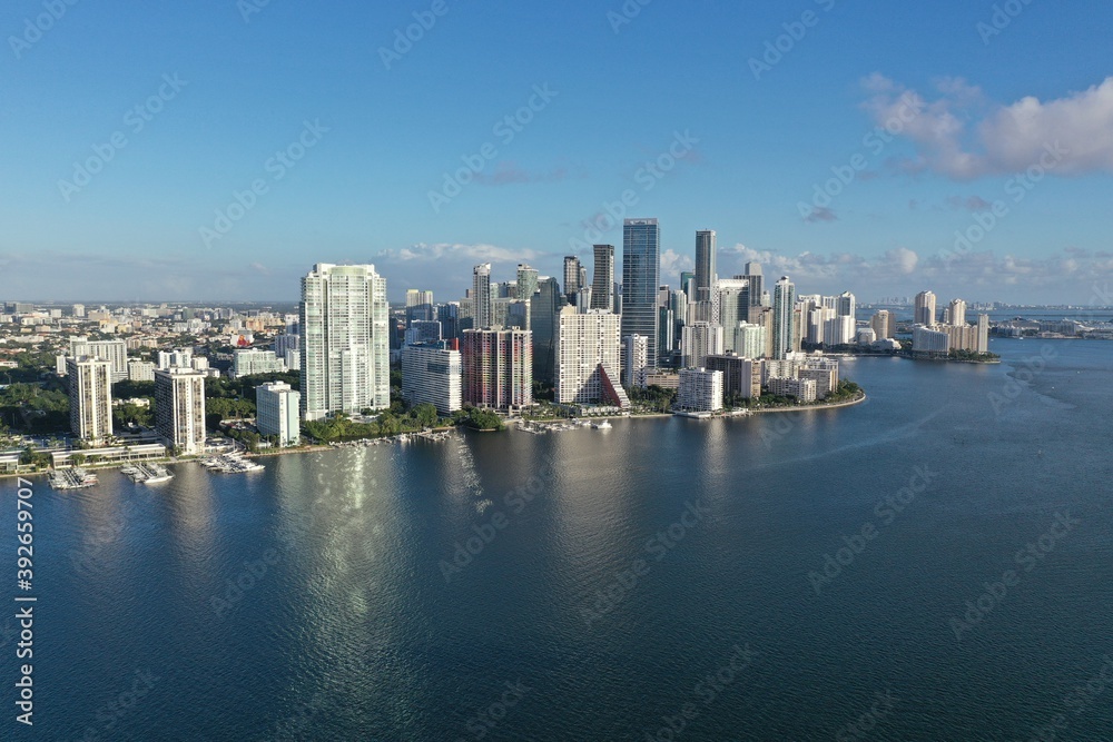 Fototapeta premium Aerial view of City of Miami skyline on sunny autumn morning.