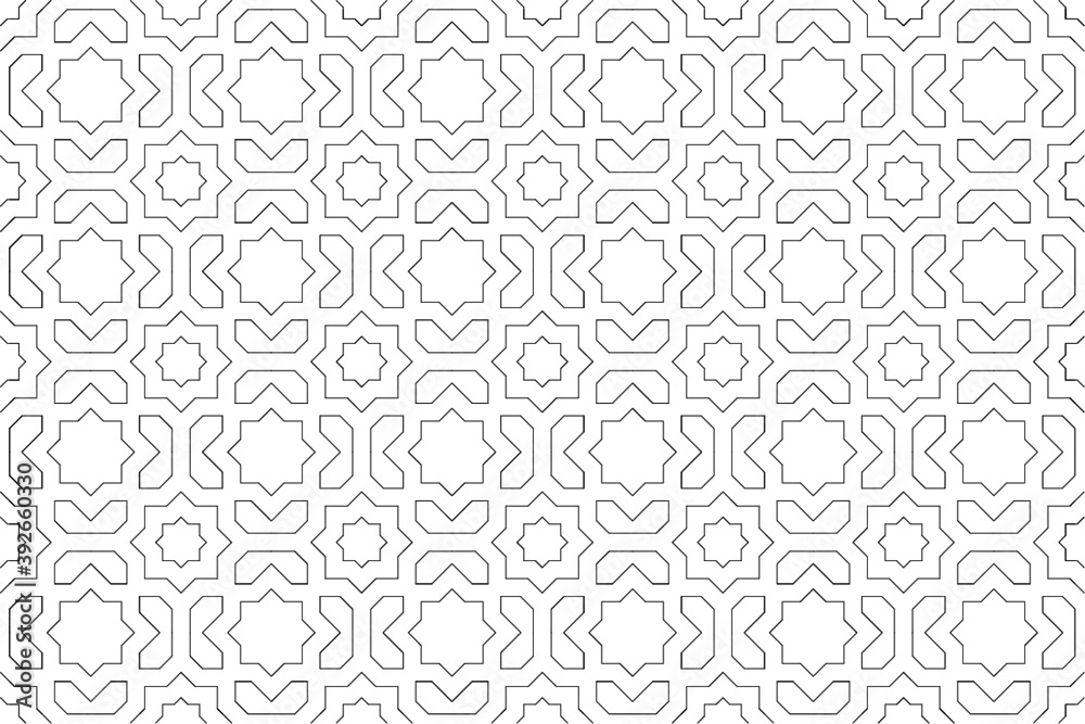 Black and white 2D CAD drawing of Islamic geometric pattern. Islamic patterns use elements of geometry that are repeated in their designs.
