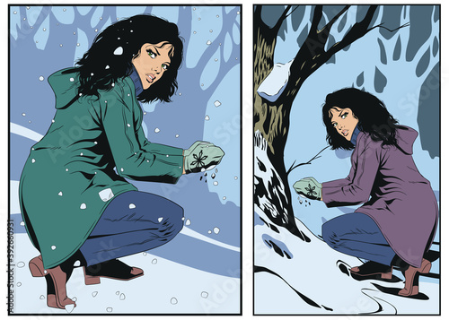 Girl sculpts snowballs from snow.