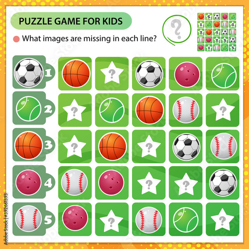 Sudoku puzzle. What images are missing in each line  Sports balls. Logic puzzle for kids. Education game for children. Worksheet vector design for schoolers.