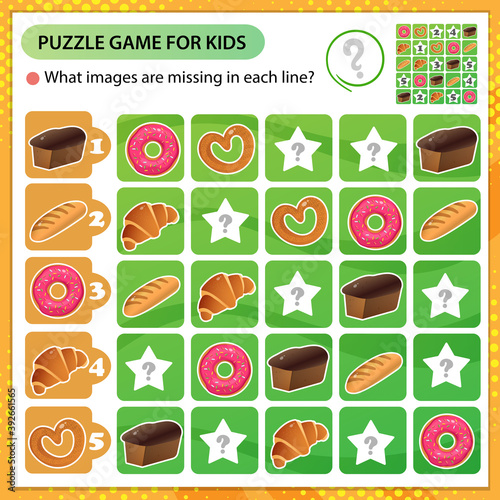 Sudoku puzzle. What images are missing in each line? Baked goods. Bread, wheat loaf, puff bun and bagel with poppy. Logic puzzle for kids. Game for children. Worksheet vector design for schoolers.
