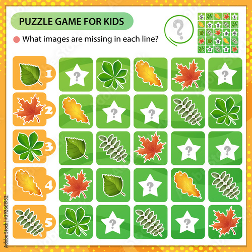 Sudoku puzzle. What images are missing in each line? Leaves of trees. Leaf of oak, birch, maple, chestnut and rowan. Logic puzzle for kids. Game for children. Worksheet vector design for schoolers.