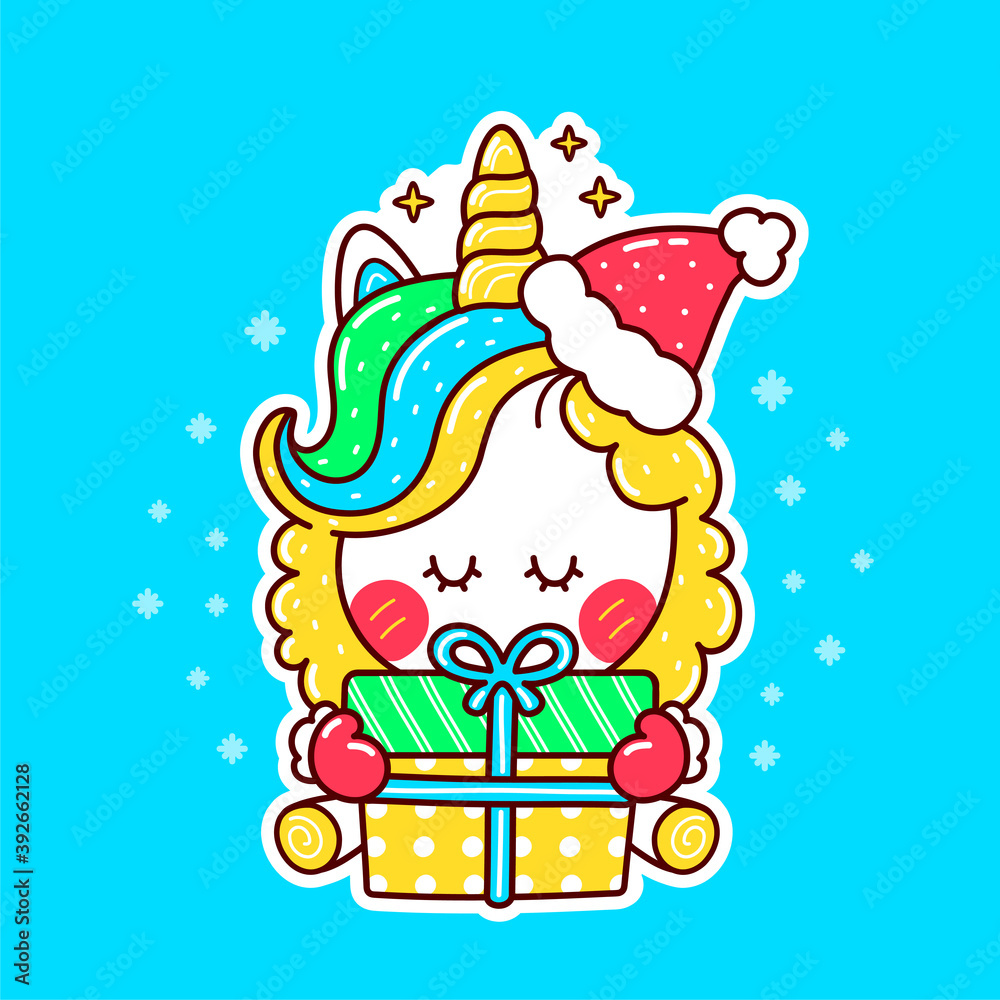Obraz premium Cute funny unicorn in christmas hat with gift