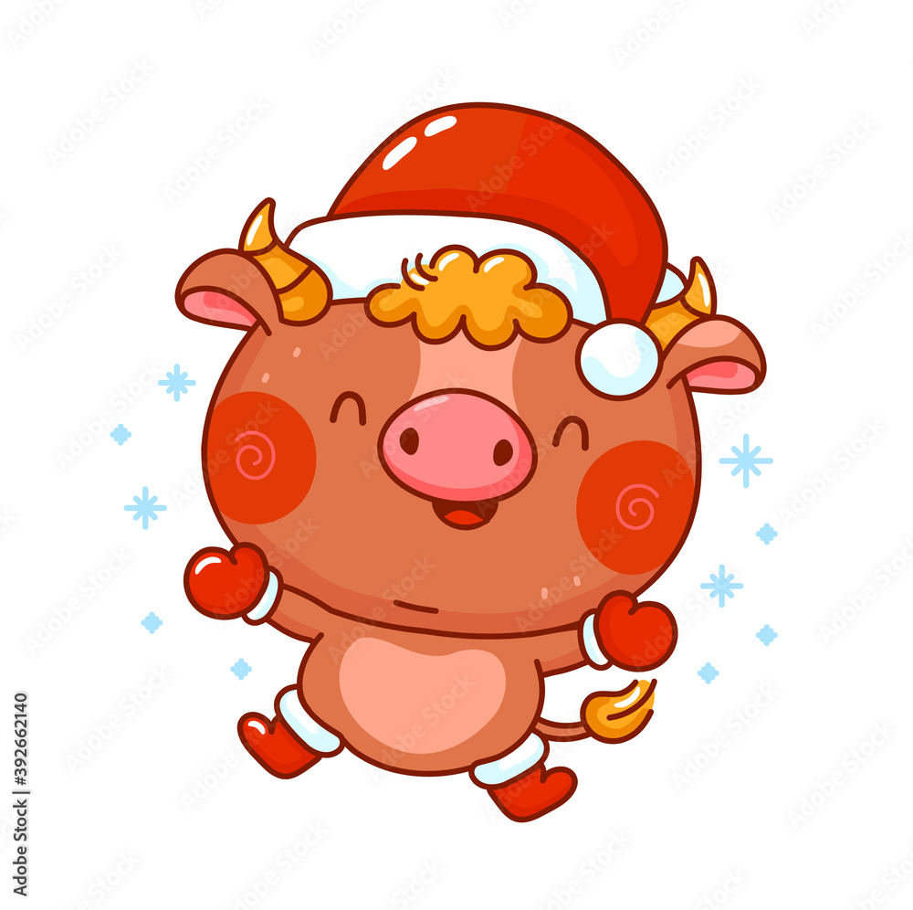 Cute funny New Year symbol bull in christmas cap