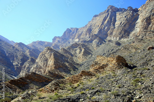 Panorama of the rocky mountains with unidirectional fractures, Wadi Bani Awf, Al Rustaq, South Batinah Governorate of Oman