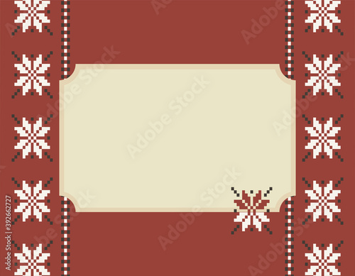 Seasonal Christmas frame raster background.Winter decorative border with knitted Norwegian pattern backdrop and place for text.Scandinavian ornament or Fair Isle Pattern for social media post banner