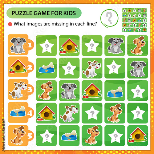 Sudoku puzzle. What images are missing in each line? Dogs. Logic puzzle for kids. Education game for children. Worksheet vector design for schoolers