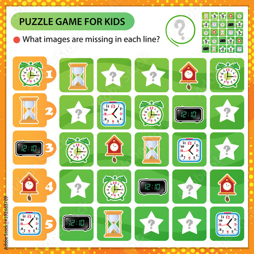 Sudoku puzzle. What images are missing in each line? Watches. Alarm clock, hourglass, wall clock with cuckoo, electronic timepiece. Logic puzzle for kids. Game for children. 
