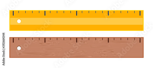 Vector set of yellow and brown wooden ruler isolated on a white background. Engineer, architect, or scholar tools. Icons of wood and normal yellow measurement in cm or inches. School supply, geometry.