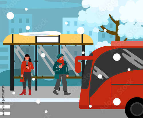 Vector illustration of a bus stop and a bus. A girl and a guy are waiting for the bus. Winter, cold, street, city, snow. Bus stop. red transport