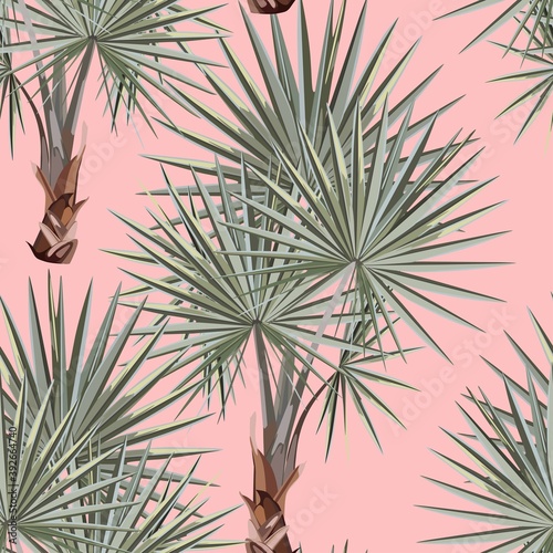 Seamless silver pattern. Tropical leaves. Fan palm leaf tropical leaves on siler blue color on pink background.