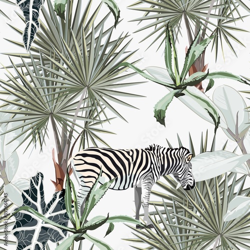 Beautiful tropical vintage illustration background with palm trees, zebra. Isolated on white background. Exotic jungle wallpaper.