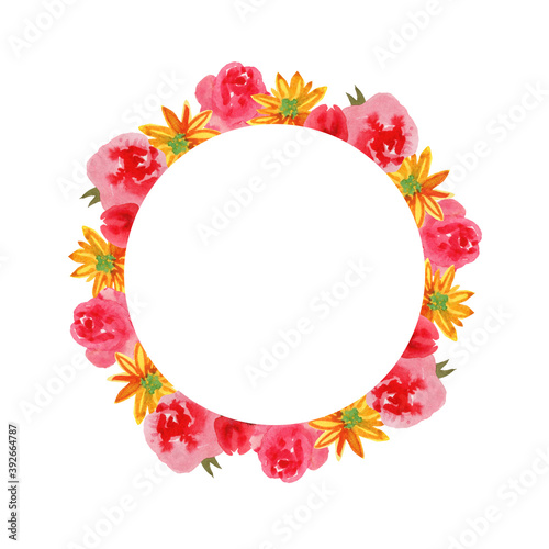 Round watercolor frame with flowers. For the design of invitations, postcards, greeting cards and other designs.