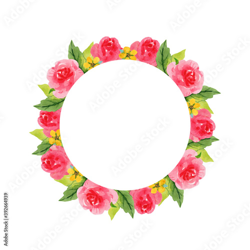 Round watercolor frame with flowers. For the design of invitations, postcards, greeting cards and other designs.