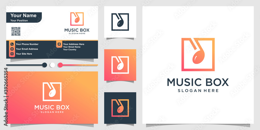 Musix box logo with creative concept and business card design Premium Vector