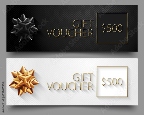 Luxury black and white gift voucher vector horizontal design set. Elegant template for a festive gift card, coupon or certificate. Gold thin text with black or golden bow geometric pattern background