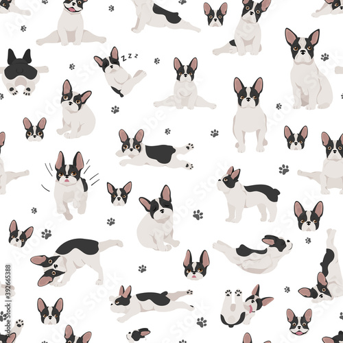 French bulldog seamless pattern. Dog healthy silhouette and yoga poses background