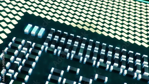 Technological background with CPU and circuit board. Flying CPU and installation in center circuit board. Neural Networking concept. Moving data transmission along lines circuit board, 3D animation