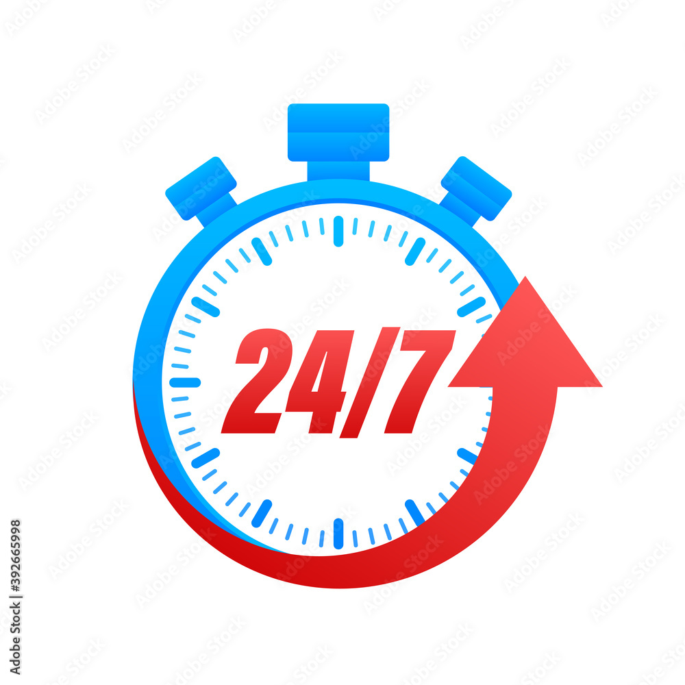 24-7 service concept. 24-7 open. Support service icon. Vector stock illustration. 24-7 service concept. 24-7 open. Support service icon. Vector stock illustration.