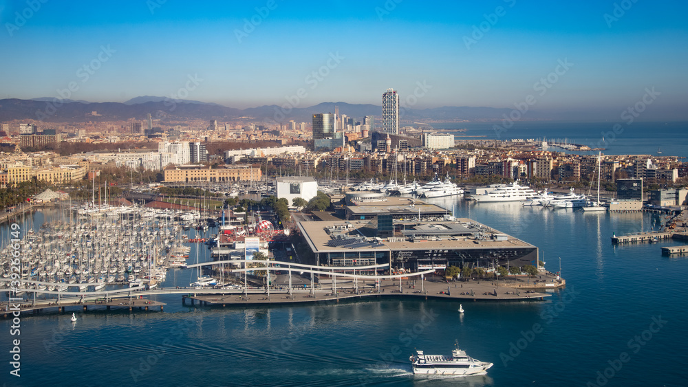 Top view of the old Port Vell, Barcelona, Catalonia, Spain