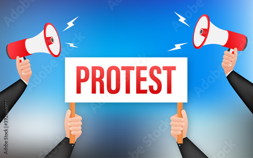 Protesters hands holding protest signs. Vector stock illustration.