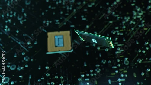 Technological background with CPU and circuit board. Flying CPU and installation in center circuit board. Neural Networking concept. Moving data transmission along lines circuit board, 3D animation