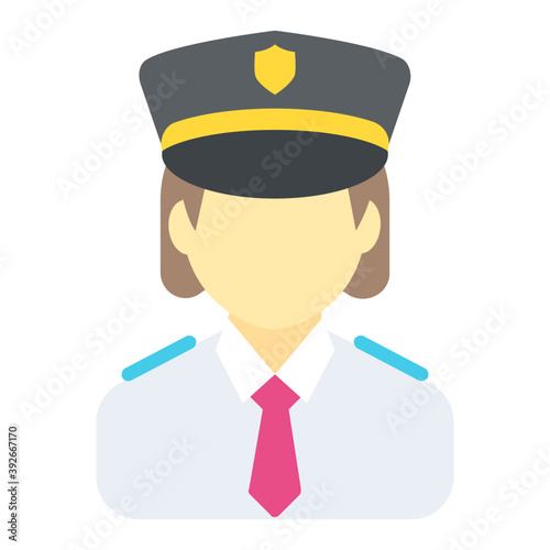 
This policewoman with blue hat, which features a gold badge or shield in the middle
