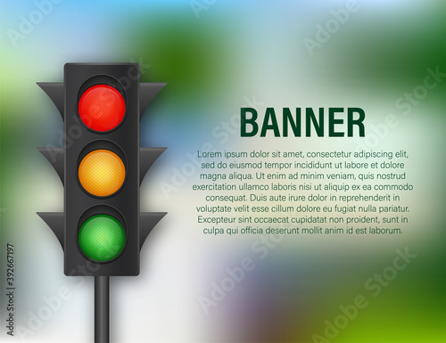 Traffic lights banner on blue background. Vector stock illustration.