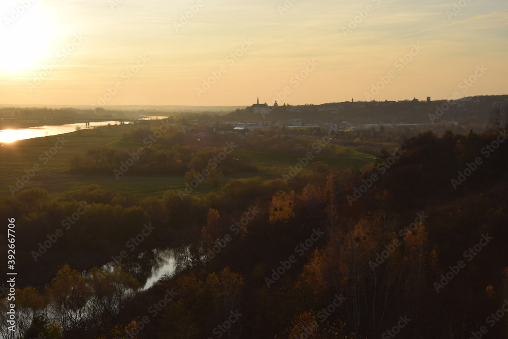 View on Sandomierz from mountain Pieprzowki autumn, Poland
