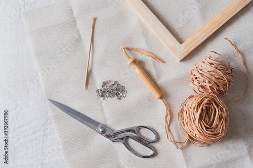 Quadro em tela Knitting, handmade, handicraft hobby objects shot from above