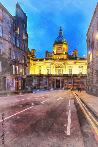 View oEdinburgh street in evening colorful painting looks like picture