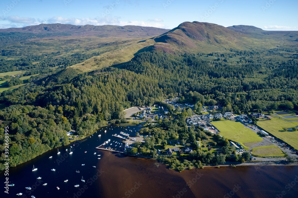 Aerial view of Balmaha Scottish village at Loch Lomond