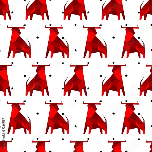 Seamless pattern with polygonal red bull symbol of 2021.