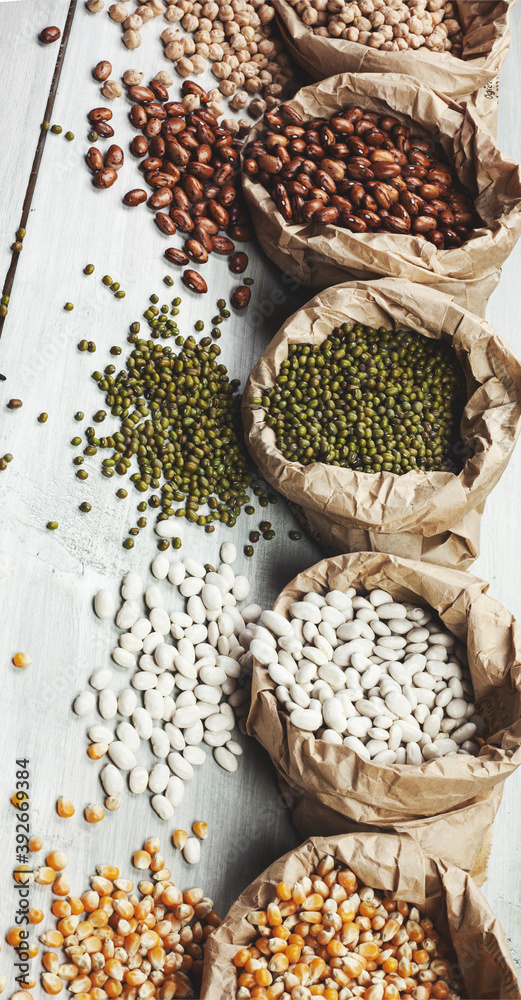 Legumes bean seed in sack, top view Legumes bean seed in sack, top view