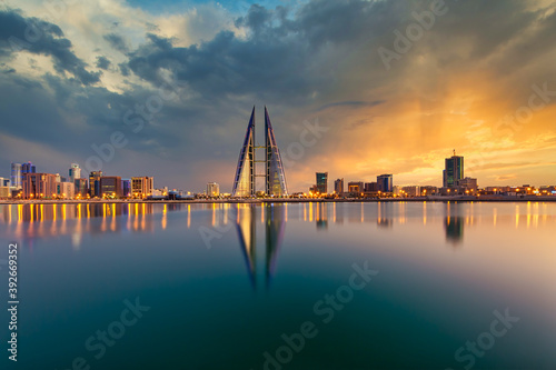 View of Bahrain skyline with World trade center along with a dramatic sky photo