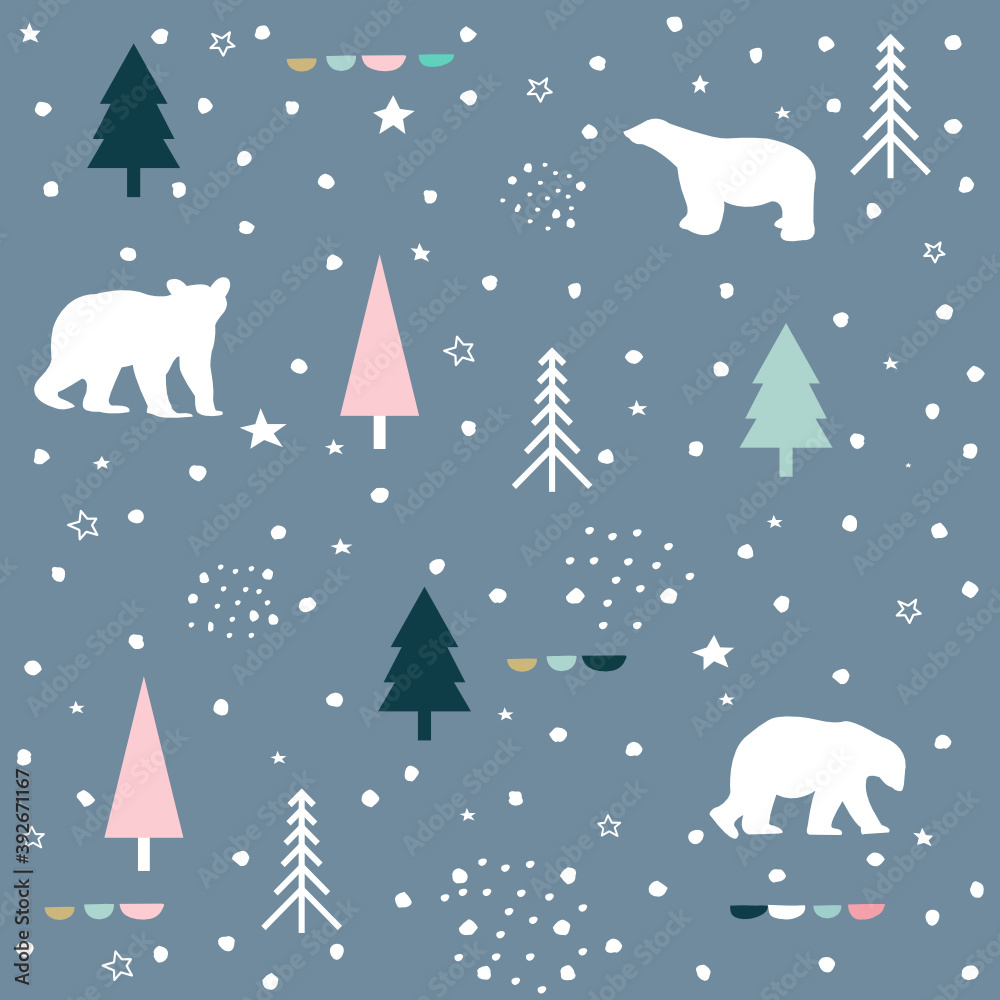 Polar bear, mountain and forest seamless pattern background. Winter pattern. Polar bear, mountain and forest seamless pattern background. Winter pattern.