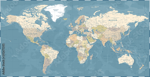 Foto World Map Vintage Dark Political - Vector Detailed Illustration - Layers
