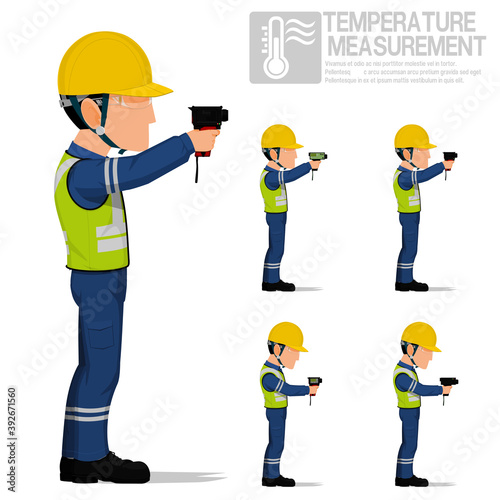 Set of industrial worker using pyrometer for measuring temperature.