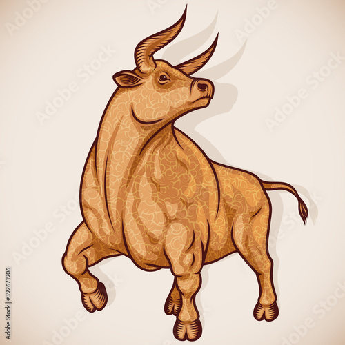 Ox or Taurus is sign of zodiac of New Year. Strong, muscular proud Bull is decorated of curly wool. Animal character for mascot, poster, calendar design. Inky strokes drawing style vector illustration
